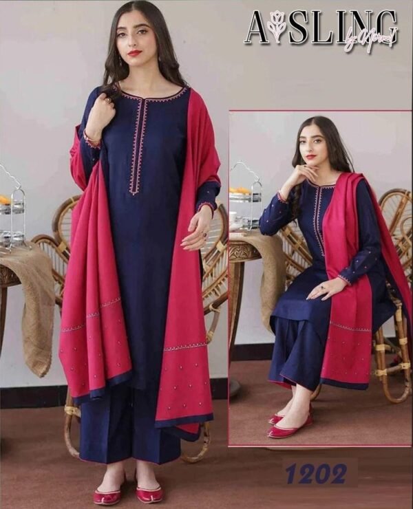 3 Pcs Women's Unstitched Dhanak Embroidered Suit