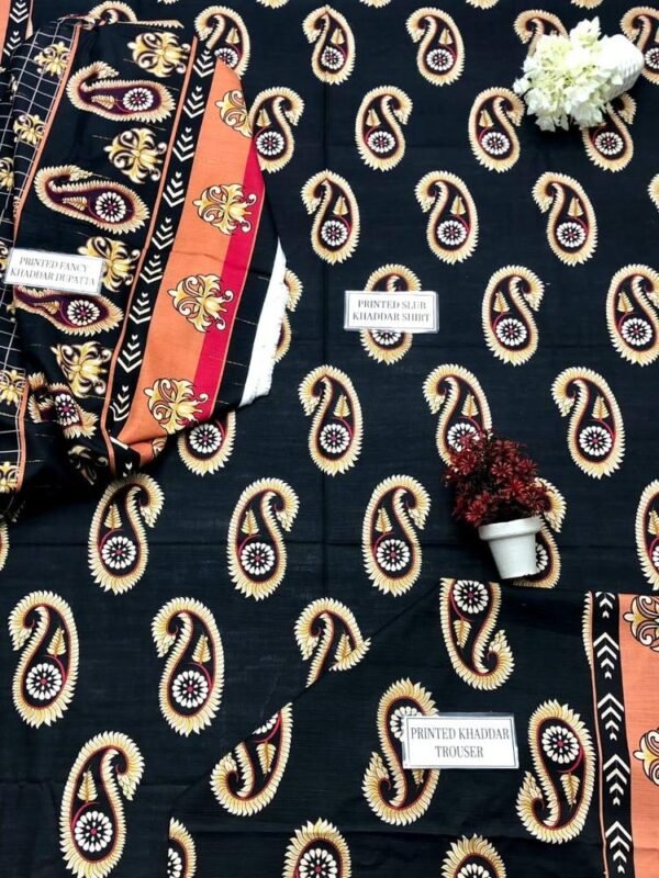 3 Pcs Women's Unstitched Khaddar Printed Suit - Image 3